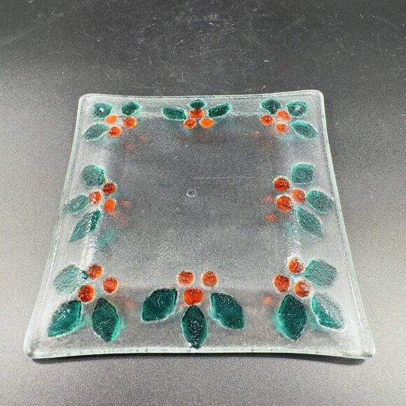 Square Fused Art Glass Dish Plate With Holly Berries Flowers Clear Holiday VTG - Picture 9 of 10
